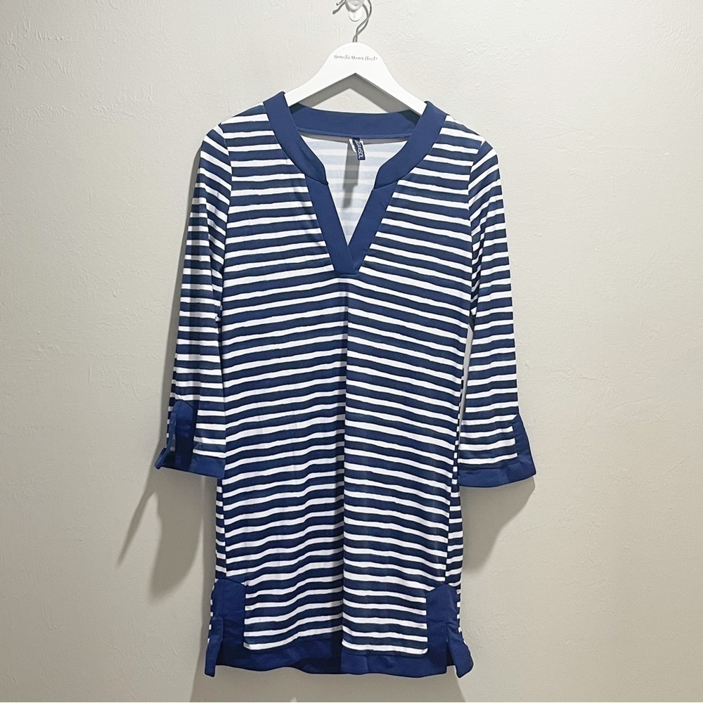 Aqua Et Sol Women’s Blue White Stripe Long Sleeve Beach Cover Up Dress Upf 50+ S